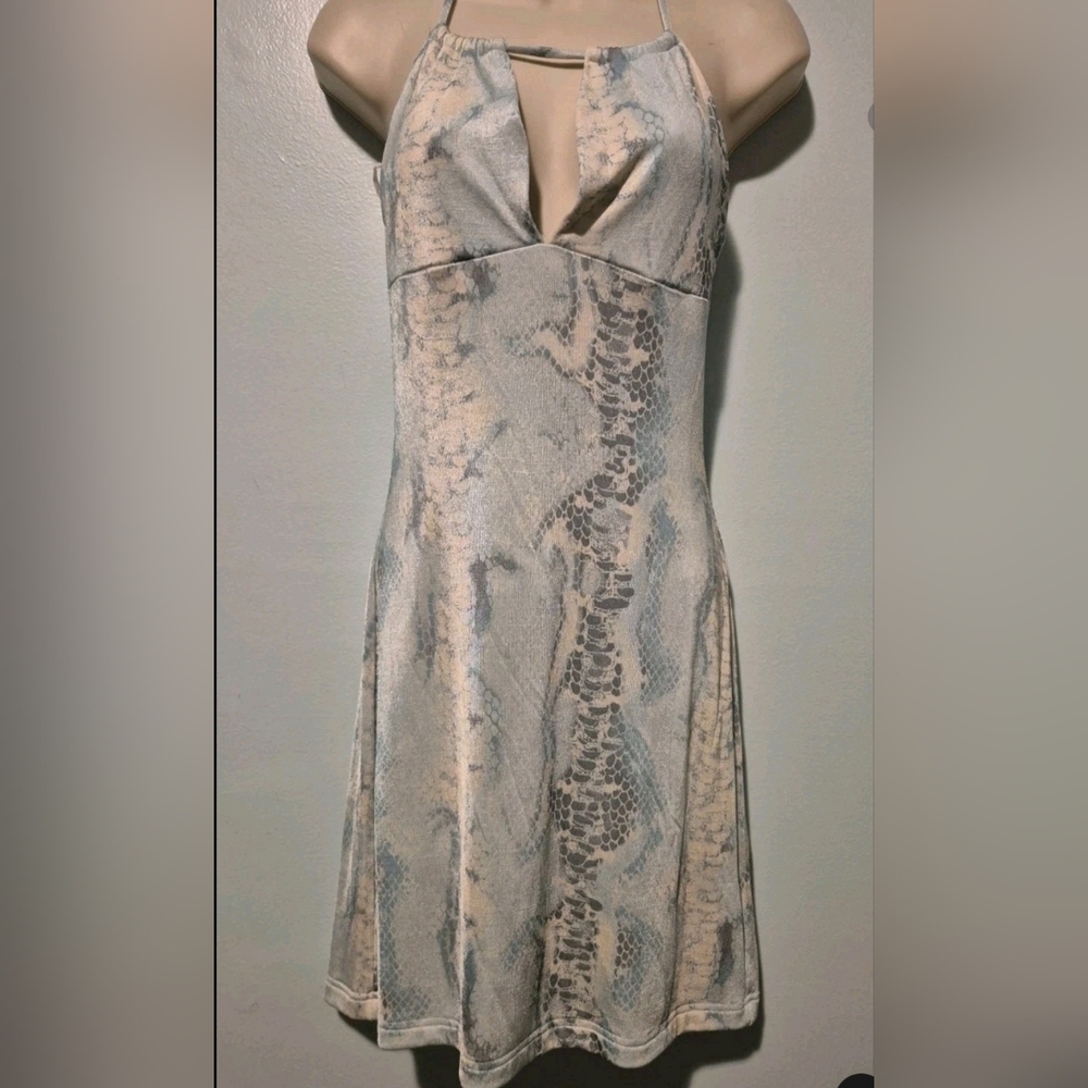 Y2K XOXO Muted Blue Snake Skin Print Halter Dress Sz Small Trendy USA